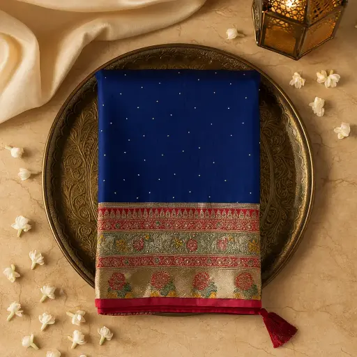 [84717001GC93C8] Royal Blue Traditional Silk Saree with Rich Floral Zari Border