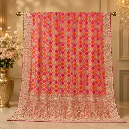 [84713001GC96C8] Peach Multicolor Printed Saree with Floral Geometric Design and Heavy Border