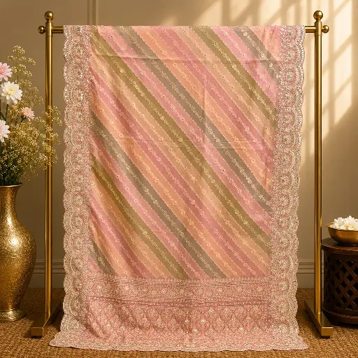 [84713001GD02C8] Blush Pink Embellished Saree with Diagonal Stripe Design and Ornate Border