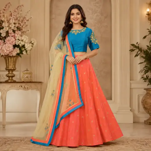 [20825003QG5148] Women's Coral Orange Lehenga Choli with Turquoise Blouse & Net Dupatta for Wedding Festive Wear Set