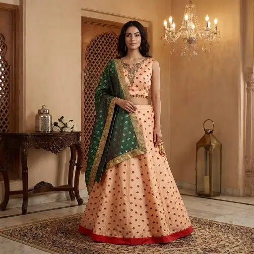 [20825003SC4838] Peach Art Silk Embroidered Lehenga Choli with Green Dupatta