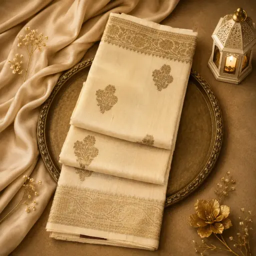 [74309017JS67A4] Elegant Champagne Gold Tissue Silk Saree with Woven Floral Buttis