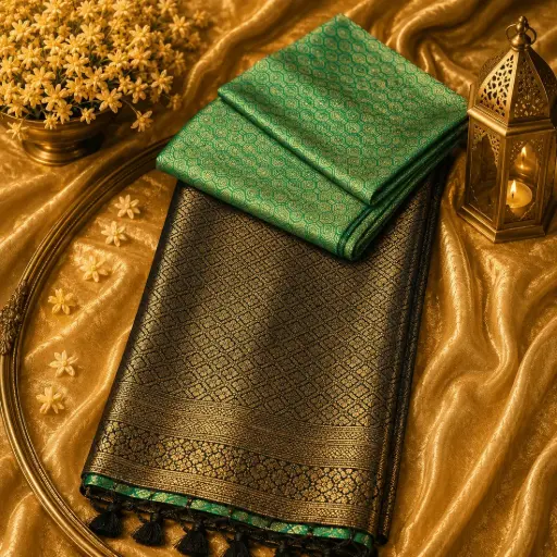 [96809082ER47E8] Emerald Green Banarasi Silk Blend Saree with Gold Zari Woven Border