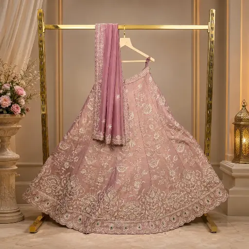 [76618001ED06E3] Women's Dusty Mauve Lehenga Choli with Silver Floral Embroidery & Matching Dupatta