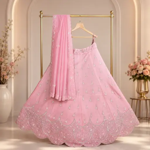 [76618001ED10E3] Women's Blush Pink Lehenga Choli with Silver Floral Embroidery and Matching Dupatta Wedding Wear Set