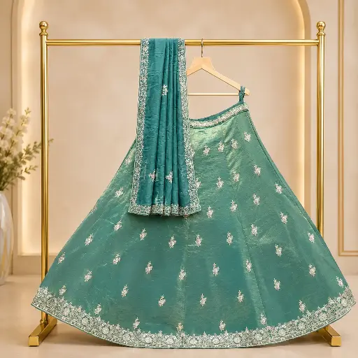 [76618001ED12E3] Women's Teal Green Lehenga Choli with Silver Floral Embroidery and Matching Dupatta