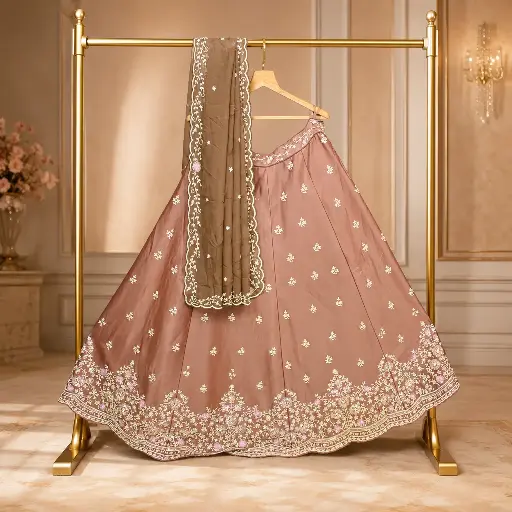 [76618001ED13E3] Women's Dusty Rose Lehenga Choli with Ivory Floral Embroidery and Matching Dupatta