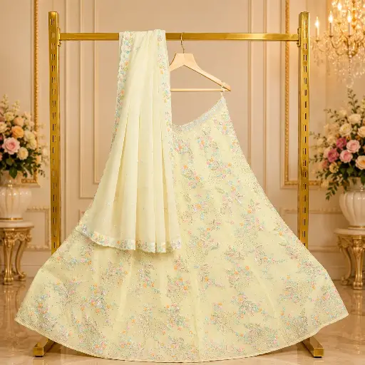 [76618057IK67A8] Women's Ivory Multicolor Floral Embroidered Lehenga Choli with Matching Dupatta