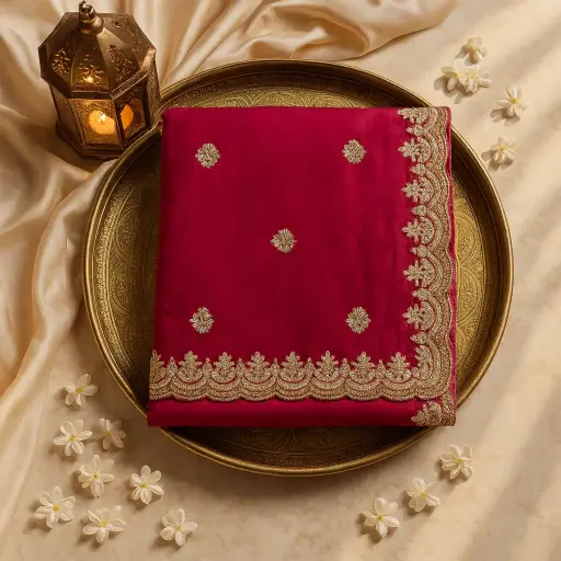 [76617001EC98E3] Elegant Crimson Red Hand-Embroidered Luxury Designer Saree