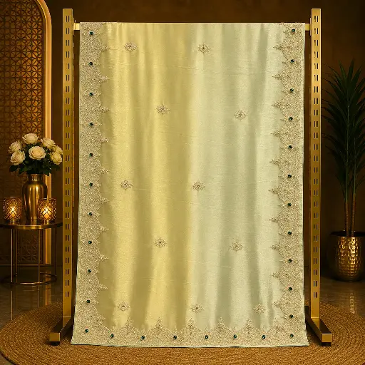[76617001EC99E3] Women's Bridal Pale Green Designer Saree with Sequin Embroidery, Emerald Stones and Scalloped Border