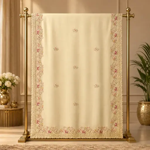 [76617001ED04E3] Elegant Ivory Embroidered Saree with Pink Floral Border