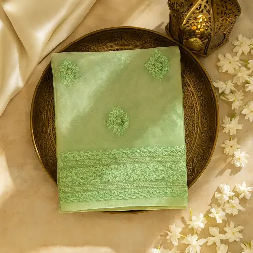 [16117001KJ0394] Elegant Lime Green Net Saree with Intricate Sequin Embroidery