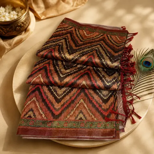[54017012EA13E2] Elegant Multicolor Chevron Pattern Soft Silk Saree with Floral Border & Tassel Pallu