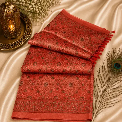 [54017012FZ56E2] Elegant Coral Paisley Printed Saree with Tassel Border