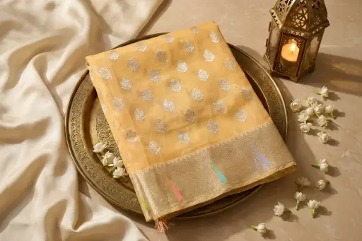 [54017001KO33A4] Peach Gold Chanderi Tissue Saree with Zari Motifs
