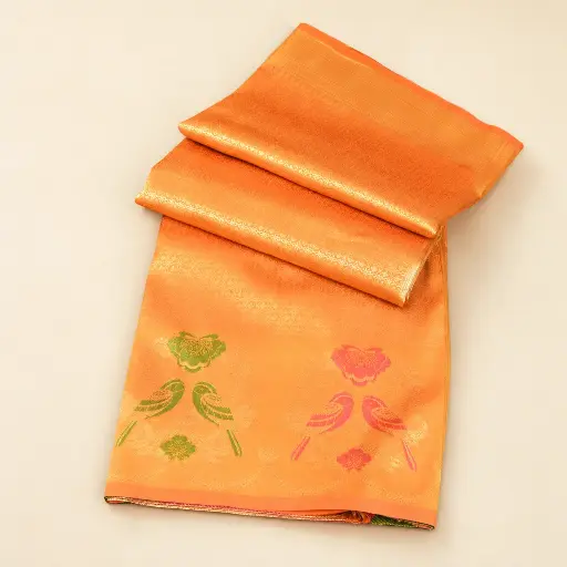 [54017001EA41E2] Orange Gold Banarasi Style Saree with Bird Floral Motifs