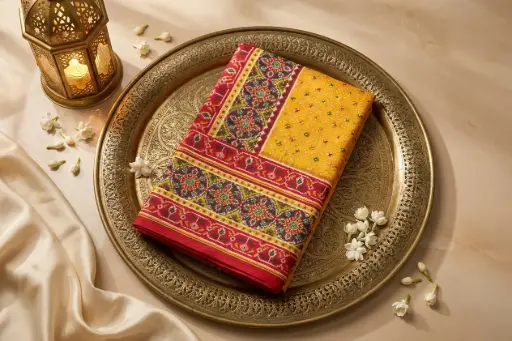 [54017001JM80A4] Mustard Yellow Patola Print Silk Saree with Zari Pallu