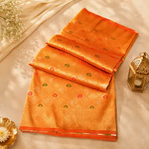 [54017072EQ72E8] Orange Gold Zari Woven Banarasi Silk Saree with Multicolor Floral Buta & Traditional Border