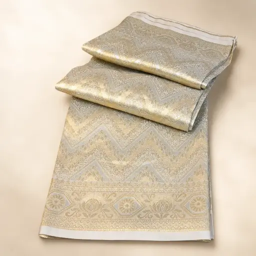 [54017001EA30E2] Cream Gold Banarasi Style Saree with Chevron Zari Weave and Lotus Border