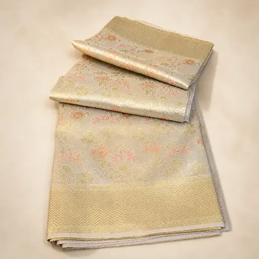 [54017001EA32E2] Champagne Gold Banarasi Style Saree with Floral Zari Weave and Elegant Border