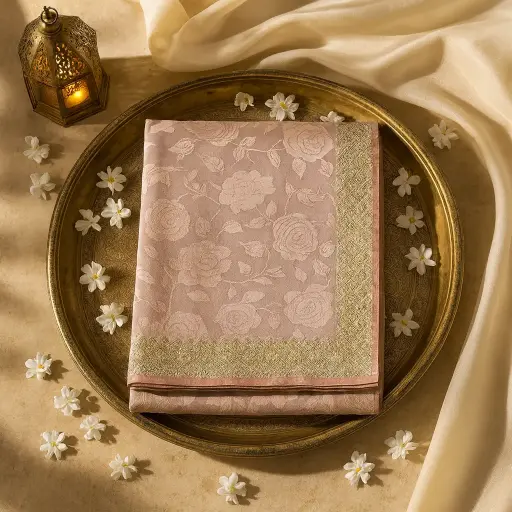 [54017001RT82C2] Elegant Dusty Rose Floral Embroidered Saree with Zari Border 