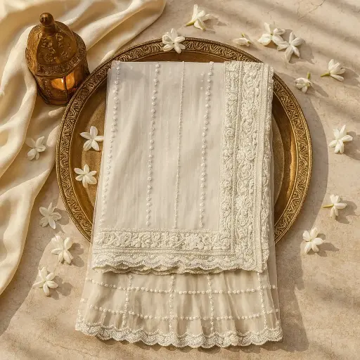 [54017001FZ70E2] Elegant Off-White Net Saree with Intricate Floral Beadwork