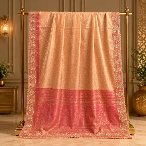 [54017001EG41E3] Peach Pink Dual Tone Saree with Woven Texture and Rich Floral Border for Festive Wedding Wear