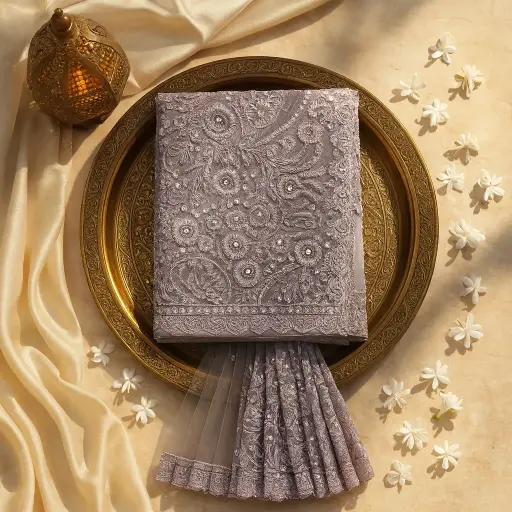 [54017001FZ77E2] Elegant Mauve Net Designer Saree with Intricate Threadwork