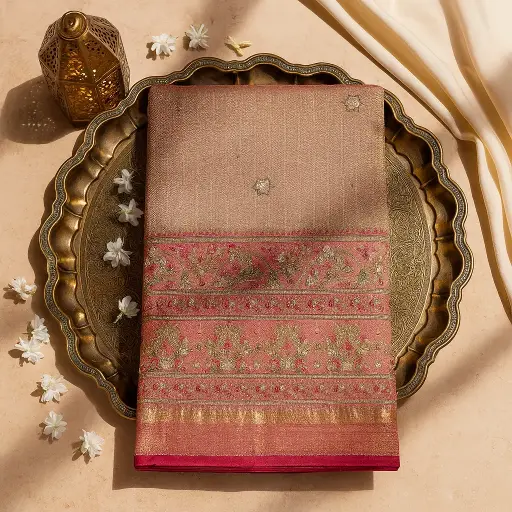 [54017001EA46E4] Exquisite Pink Gold Woven Designer Saree with Mirror Work