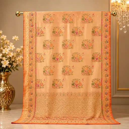 [54017001FZ84E3] Peach Floral Embroidered Saree with Heavy Border Design for Festive Party and Wedding Wear