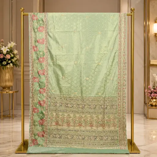 [54017001FZ61E4] Mint Green Saree with Floral Border, Gold Weave and Ornate Pallu