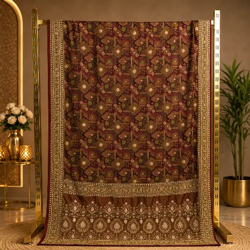 [54017028EQ56F0] Women's Brown Maroon Designer Saree with Mirror Work & Ornate Border