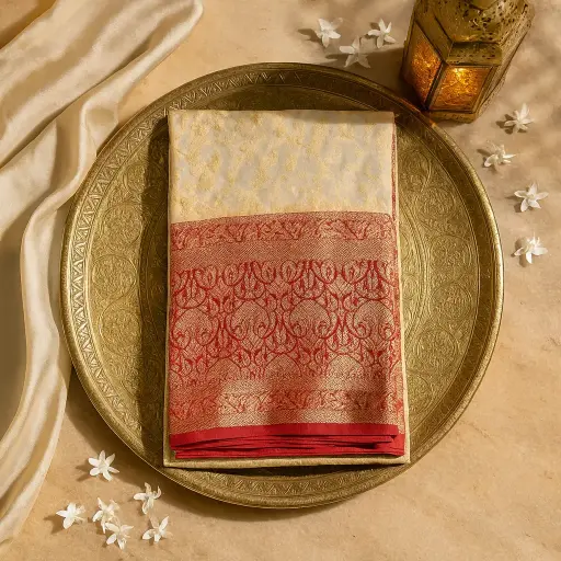 [79909001HH61B7] Elegant Off-White and Red Silk Designer Saree with Zari