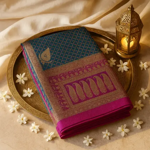 [79909001HH63B7] Exquisite Royal Blue and Pink Designer Silk Banarasi Saree