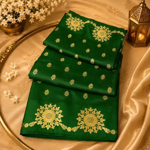 [29309001FI17D7] Emerald Green Banarasi Silk Saree with Gold Zari Floral Motifs Traditional Wedding Festive Wear 