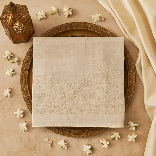 [74209001FO01E0] Elegant Beige Silk Saree with Intricate Floral Embroidery