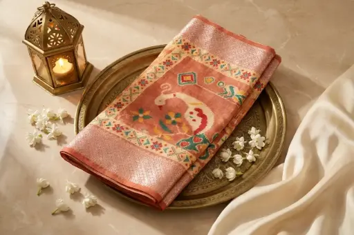 [74209001HF46B9] Rust Orange Patola Inspired Silk Saree with Zari Border