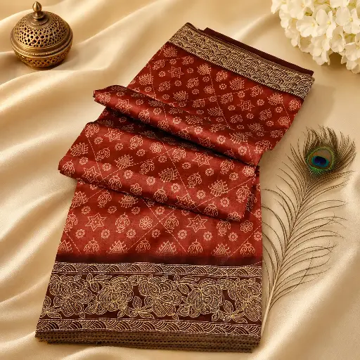 [74209001HF49B7] Elegant Maroon Printed Cotton Saree with Designer Woven Border