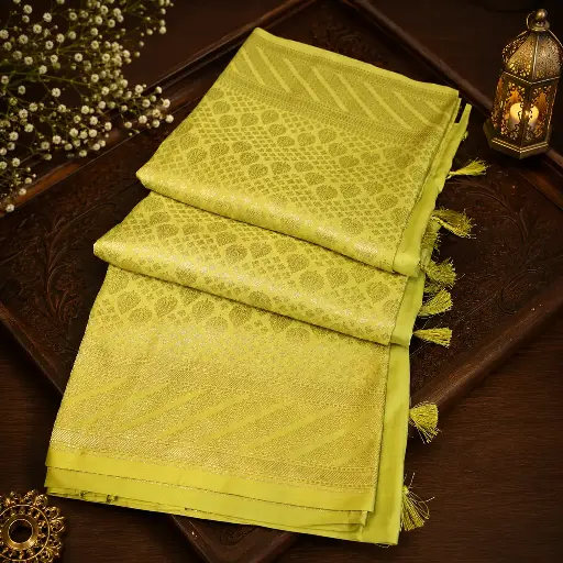 [74209001HG06B7] Light Pistachio Green Kanjivaram Silk Saree with Elegant Zari Weaving & Tassel Pallu 