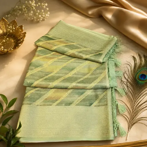 [74209001HH33B7] Elegant Sea Green Banarasi Silk Saree with Diagonal Woven Design & Zari Border