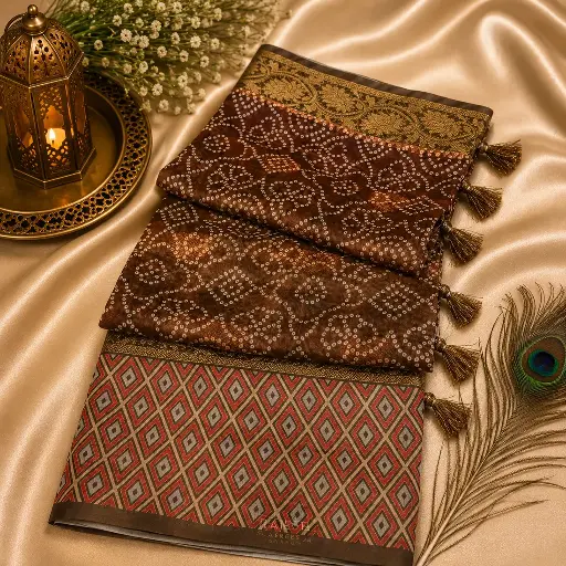 [74209001JS54A4] Elegant Brown Bandhani Print Saree with Geometric Border & Tassels