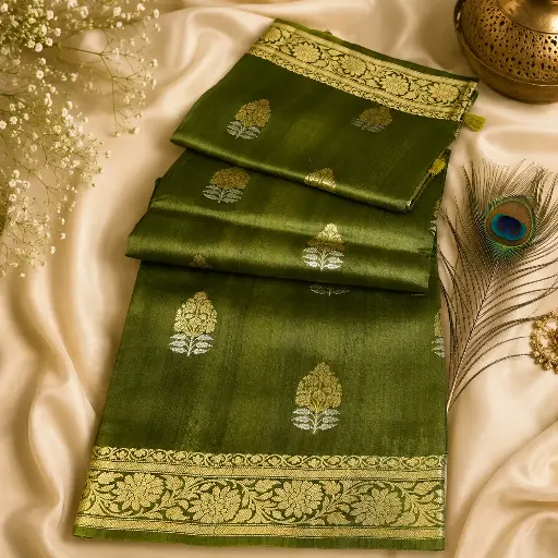 [74209026JW59A5] Olive Green Silk Blend Saree with Gold Floral Zari Border & Buti Design