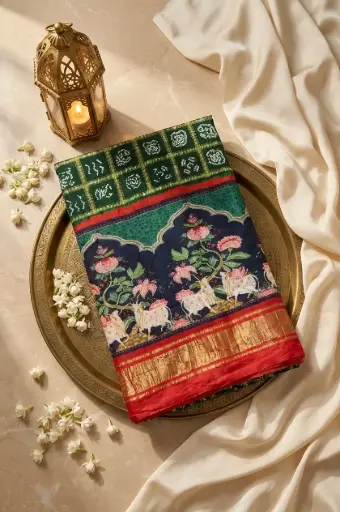 [59412001IK10A8] Bottle Green Bandhani Zari Woven Designer Silk Saree