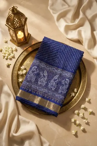 [59412001IP92B0] Royal Blue Handcrafted Gaji Silk Traditional Bandhani Saree