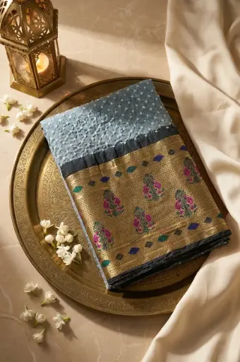[59412001IP97B0] Slate Grey Handcrafted Bandhani Silk Saree with Zari Border