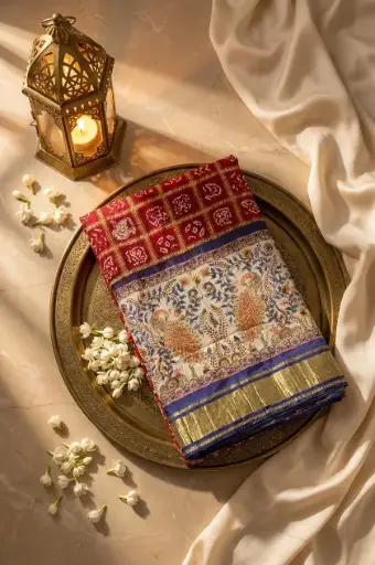 [59411046IK10B7] Crimson Red Silk Bandhani Saree with Kalamkari Peacock Pallu