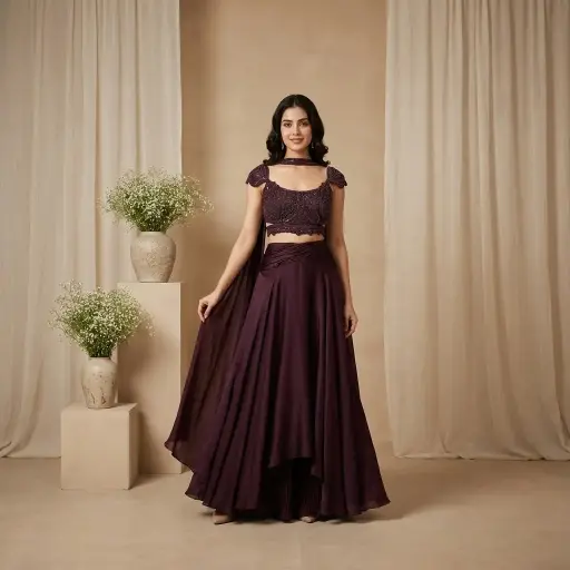 [92718002UR54E7] Wine Embroidered Crop Top with Draped Skirt Set