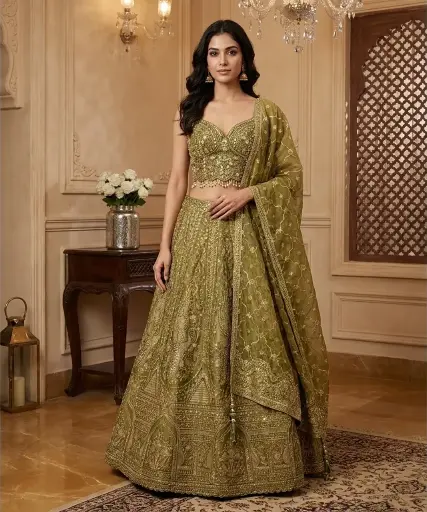 [92718003WJ70E7] Olive Green Embroidered Raw Silk Bridal Lehenga Choli Set
