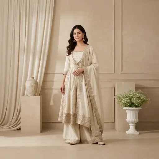 [92725002EP40E7] Ivory Self-Textured Silk Anarkali Suit Set with Sequin Embroidery