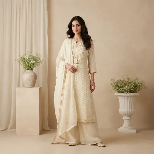 [45225002GK57C9] Ivory Embroidered Georgette Stitched Kurti Palazzo Suit Set 